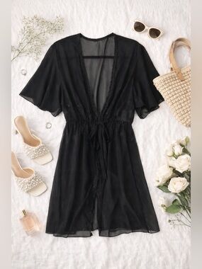 Flora Black Sheer Lace Trim Robe Kimono Tie Front XL Boho Cover Up